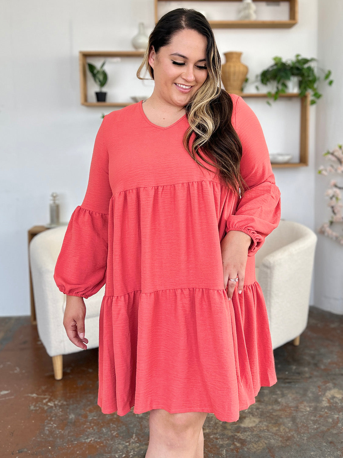 Double Take Full Size V-Neck Balloon Sleeve Tiered Dress