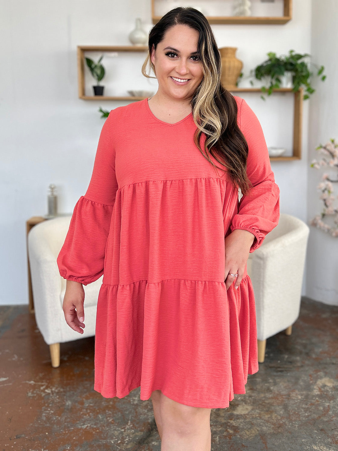 Double Take Full Size V-Neck Balloon Sleeve Tiered Dress