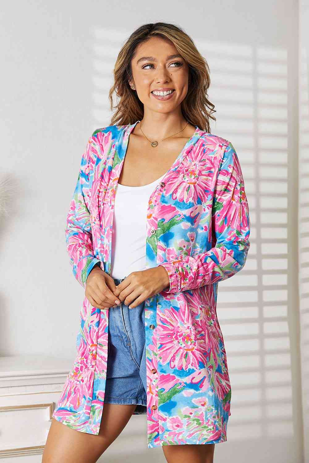 Double Take Floral Open Front Long Sleeve Cardigan