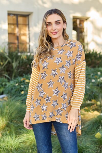 Celeste Design Full Size Leopard Star Striped Long Sleeve Top