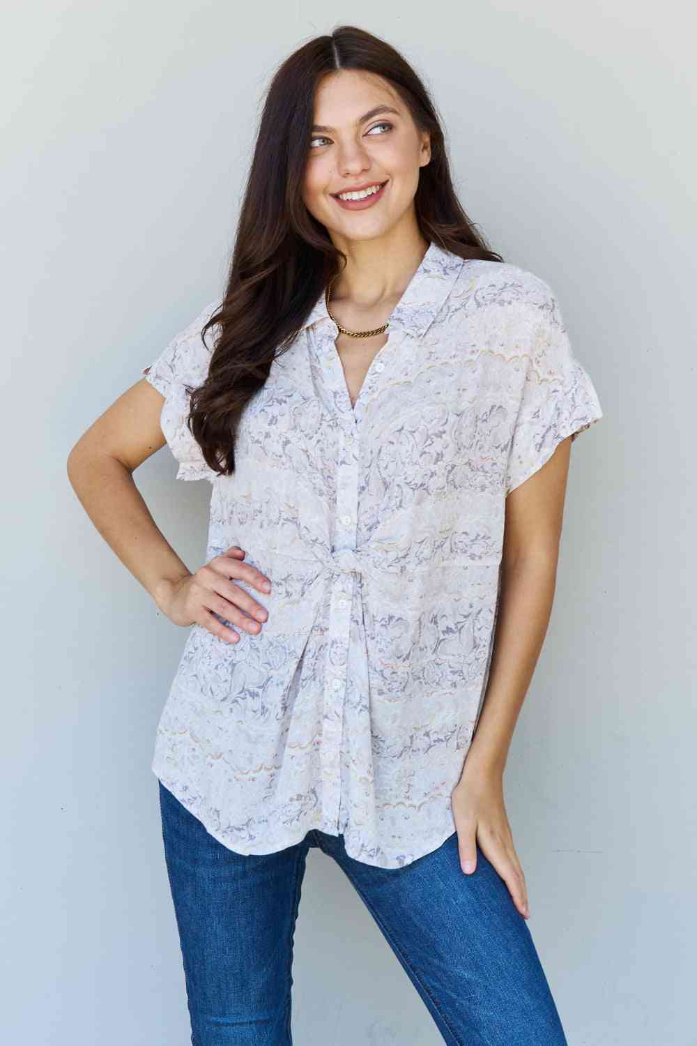 ODDI Full Size Floral Paisley Print Twist Tunic Top