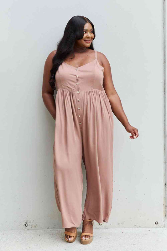 HEYSON All Day Full Size Wide Leg Button Down Jumpsuit in Mocha