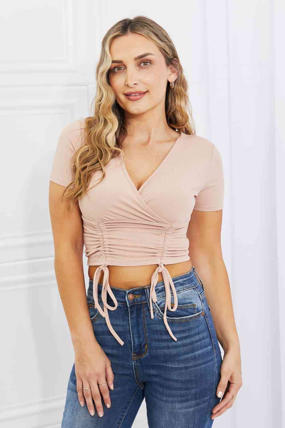 Capella Back To Simple Full Size Ribbed Front Scrunched Top in Blush