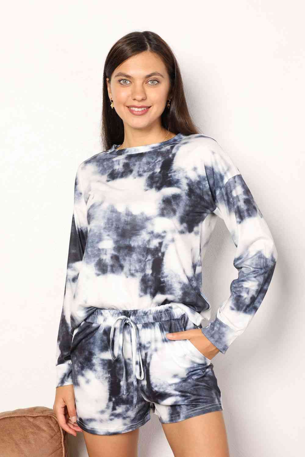 Double Take Tie-Dye Round Neck Top and Shorts Lounge Set