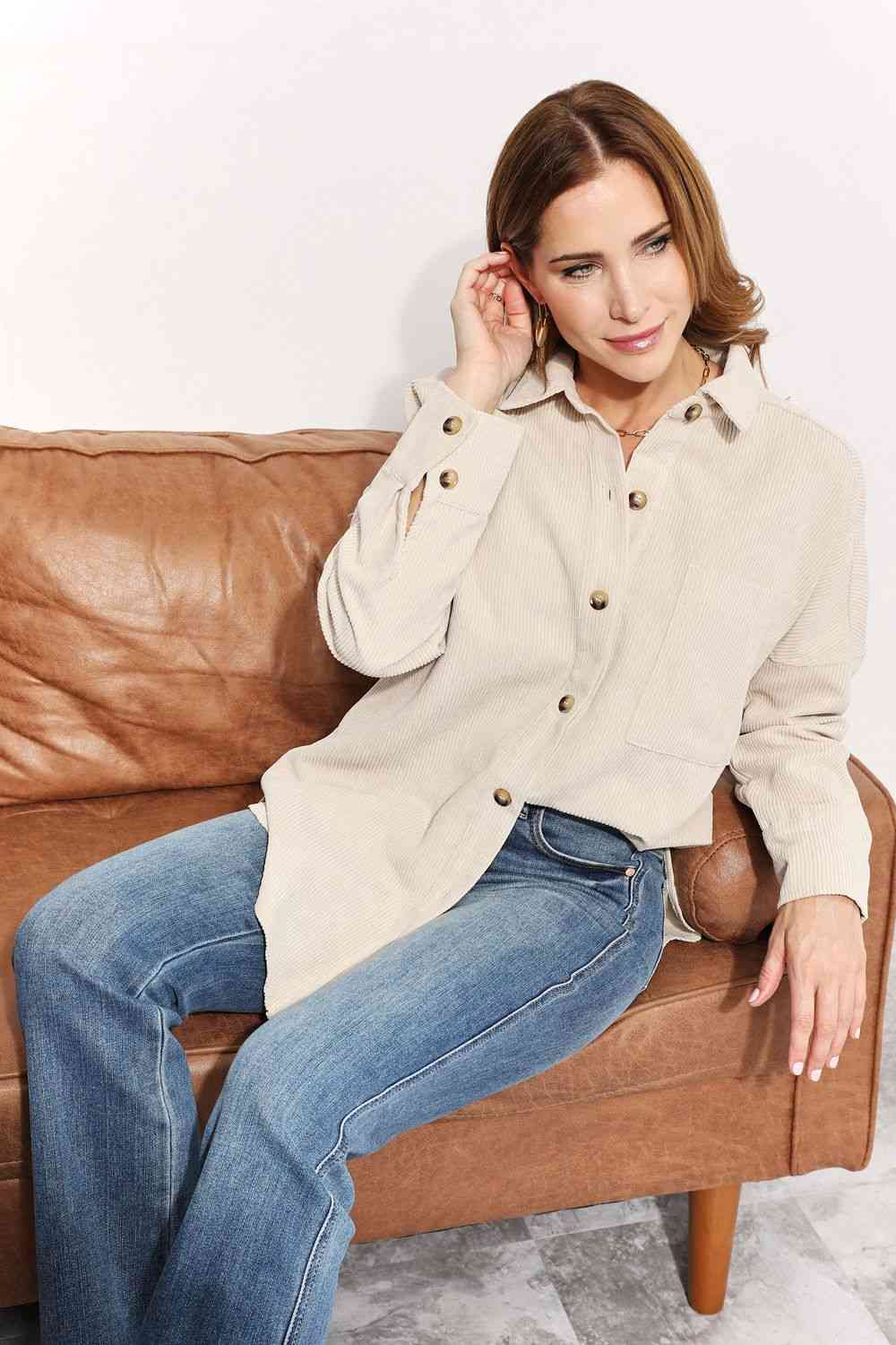 HEYSON Full Size Oversized Corduroy  Button-Down Tunic Shirt with Bust Pocket