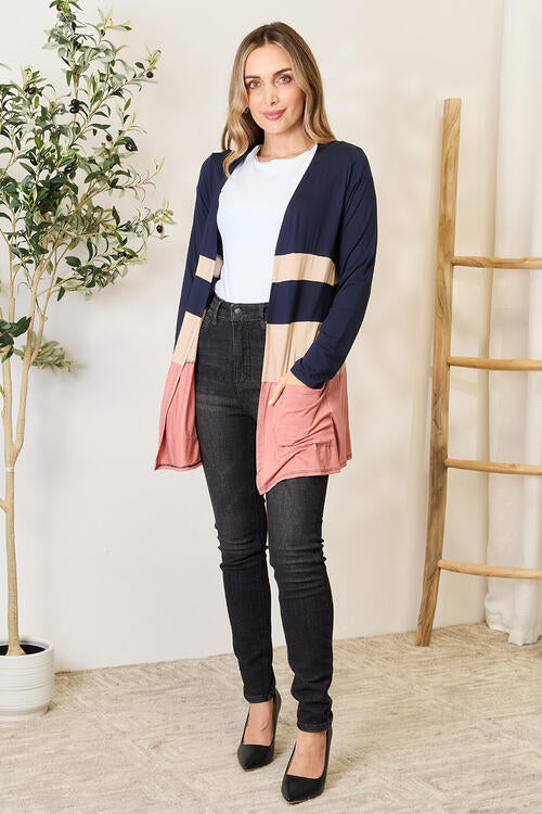 e.Luna Full Size Color Block Contrast Open Cardigan