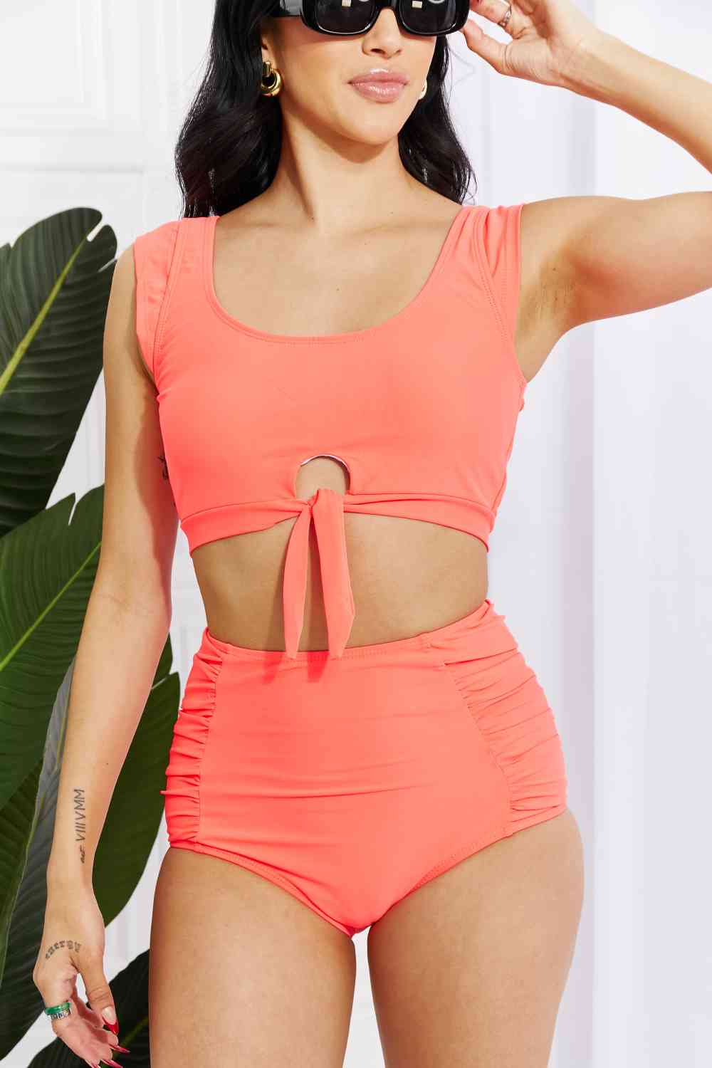 Marina West Swim Sanibel Crop Swim Top and Ruched Bottoms Set in Coral