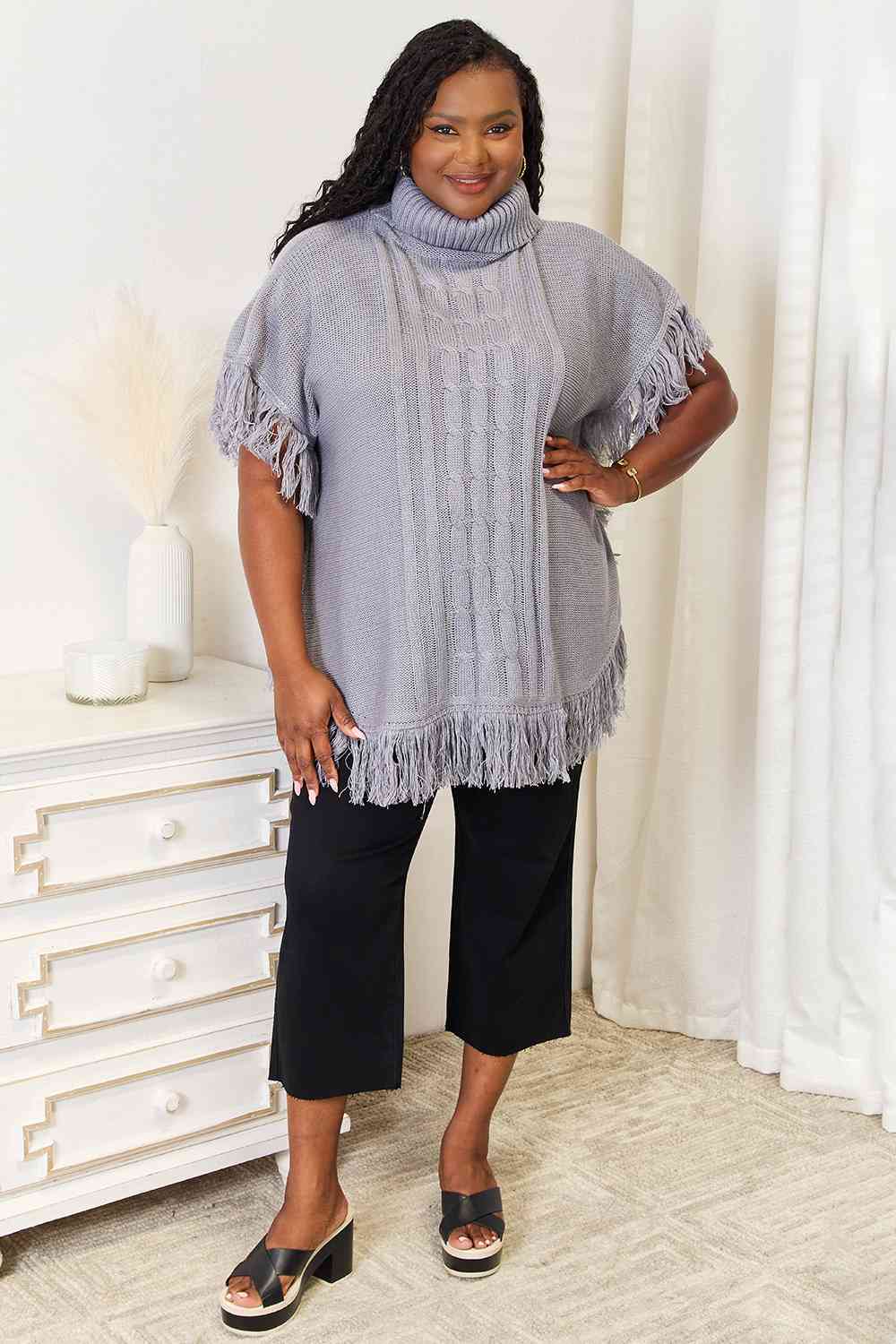 Justin Taylor Turtle Neck Fringe Poncho