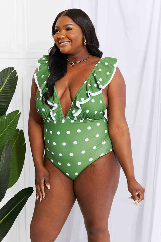 Marina West Swim Moonlit Dip Ruffle Plunge Swimsuit in Mid Green