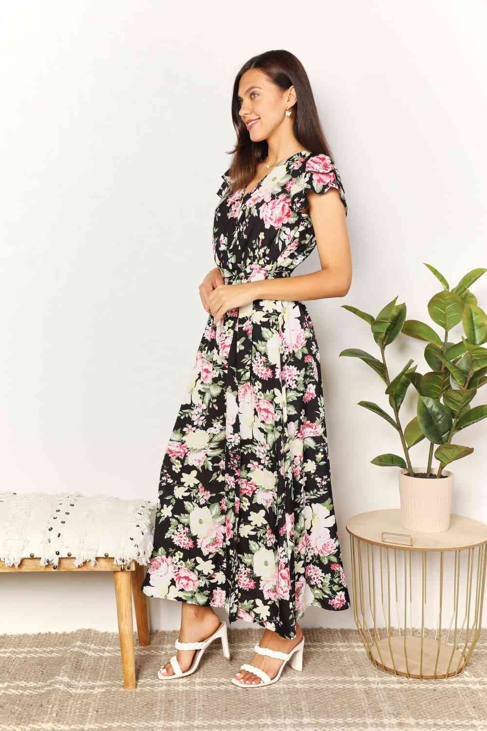 Double Take Floral Flutter Sleeve Tie-Waist Split Dress