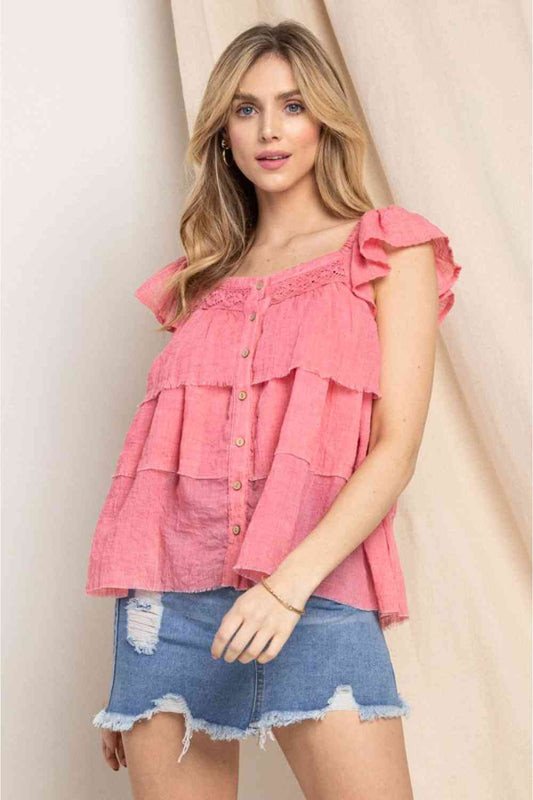 ODDI Full Size Buttoned Ruffled Top