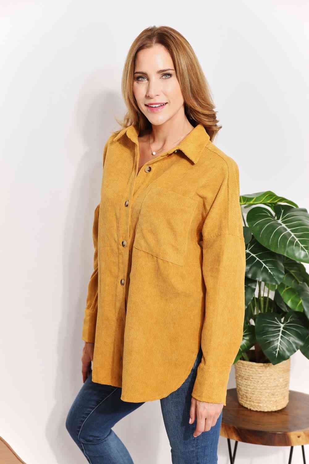 HEYSON Full Size Oversized Corduroy  Button-Down Tunic Shirt with Bust Pocket