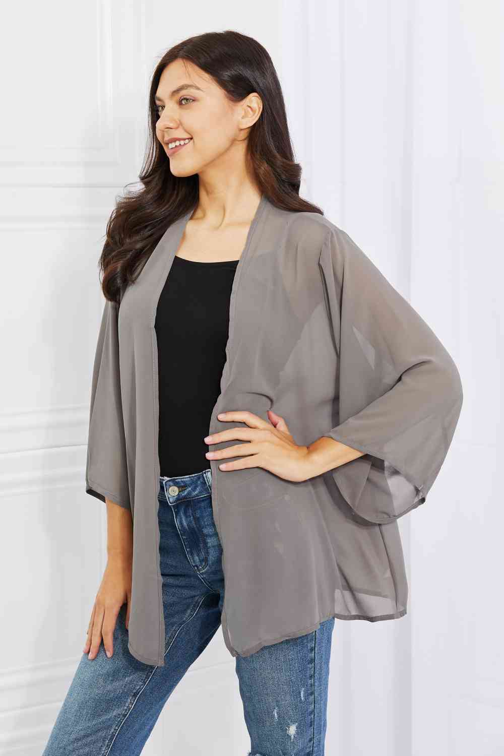 Melody Just Breathe Full Size Chiffon Kimono in Grey